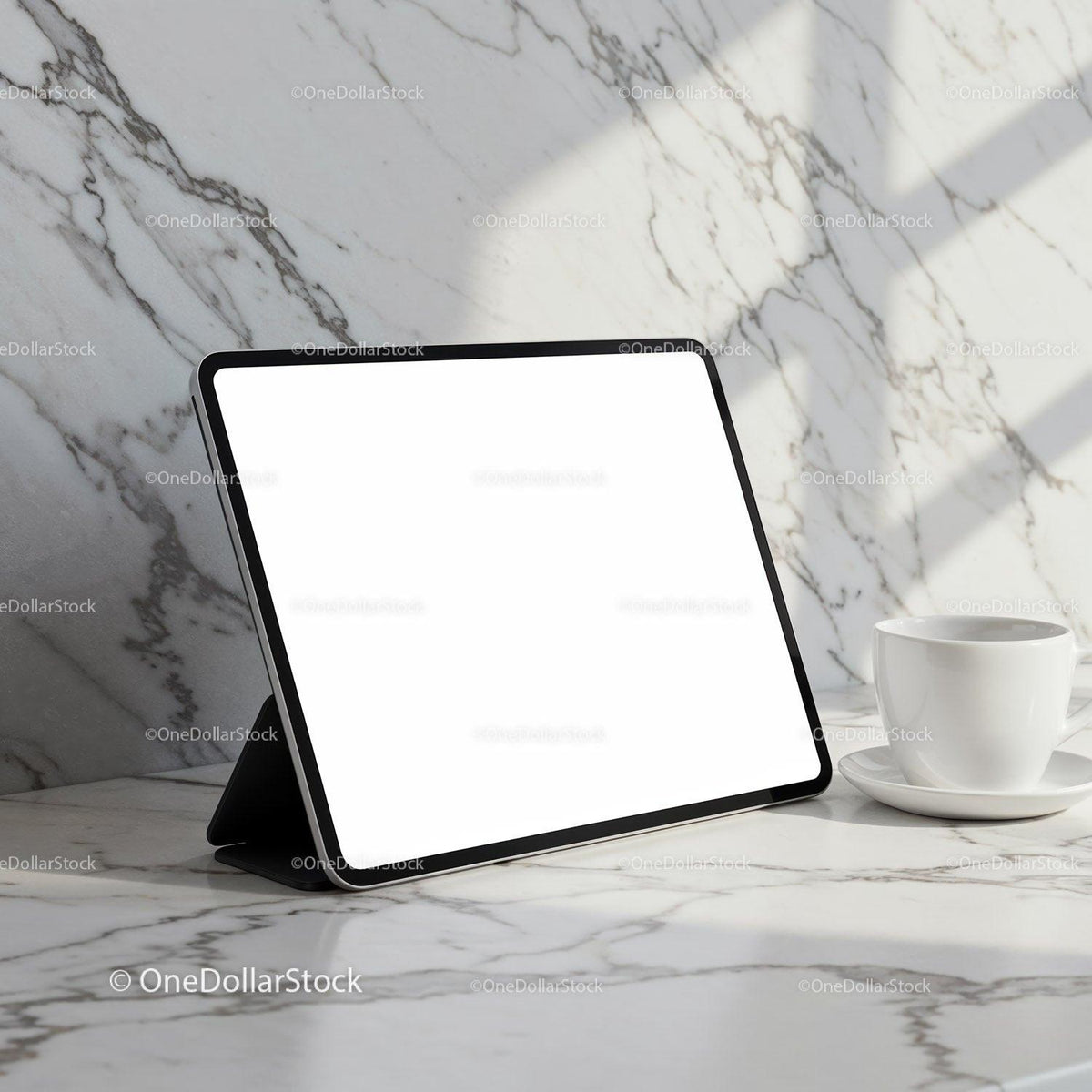 Tablet with Blank Screen on Marble Table with Coffee Cup JPG Mockup Image preview