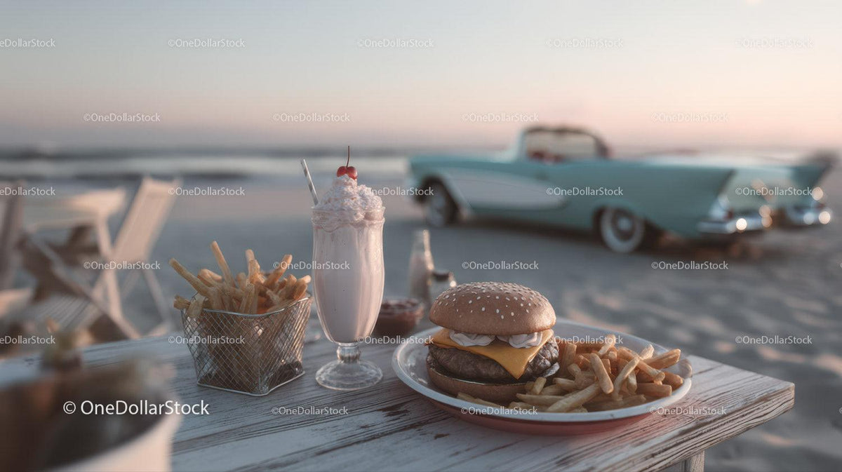 Beachside Cheeseburger French Fries and Milkshake with Classic Car Stock Photo Bundle preview 52