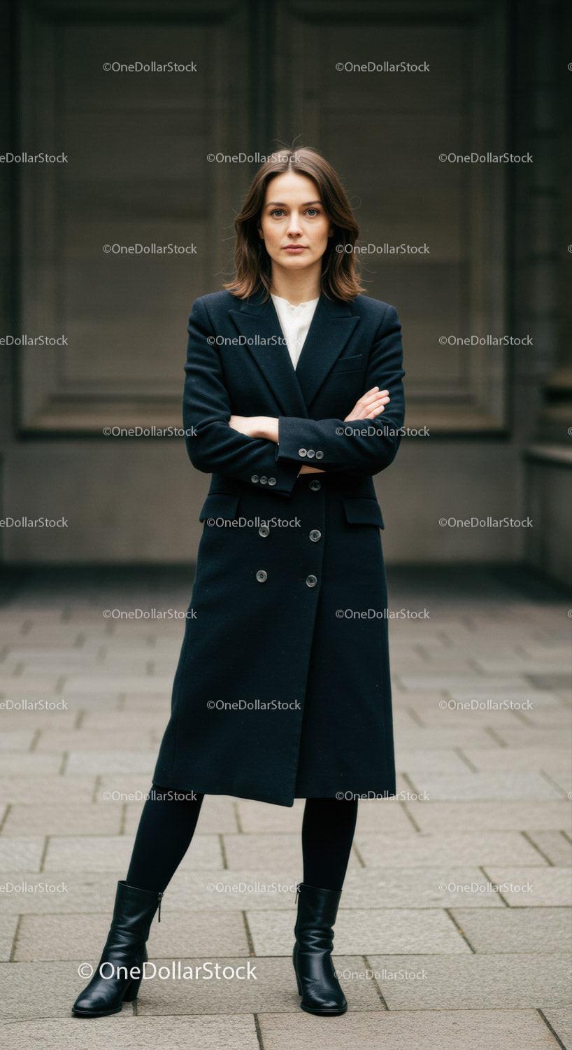 Elegant Woman in Business Suit Standing Confidently in Urban Setting