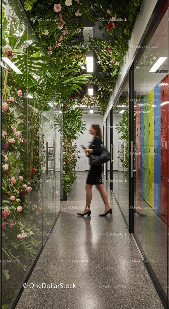 Stylish Office Space with Lush Greenery and Vibrant Lockers Stock Photo Bundle creative preview 4