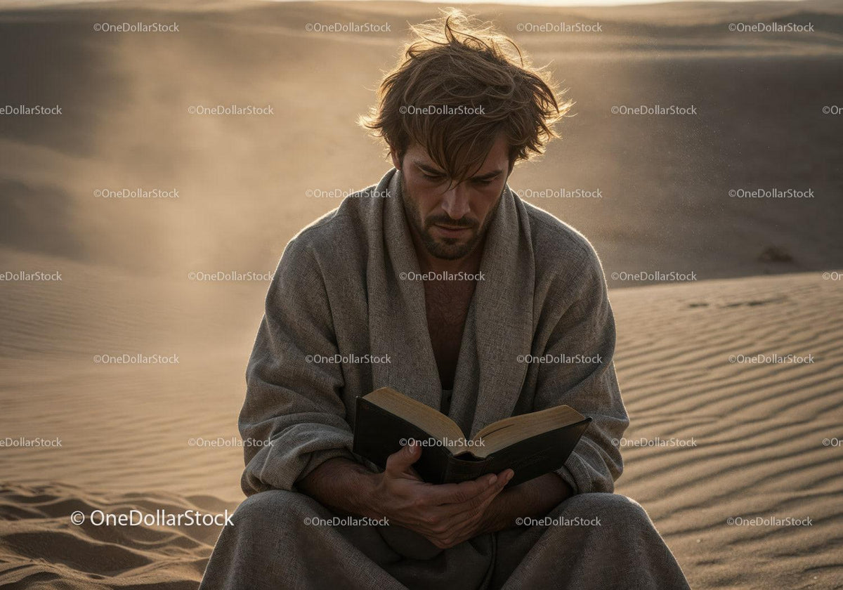 Man in Casual Clothing Reading Book in Desert During Dust Storm Stock Photo Bundle preview 17