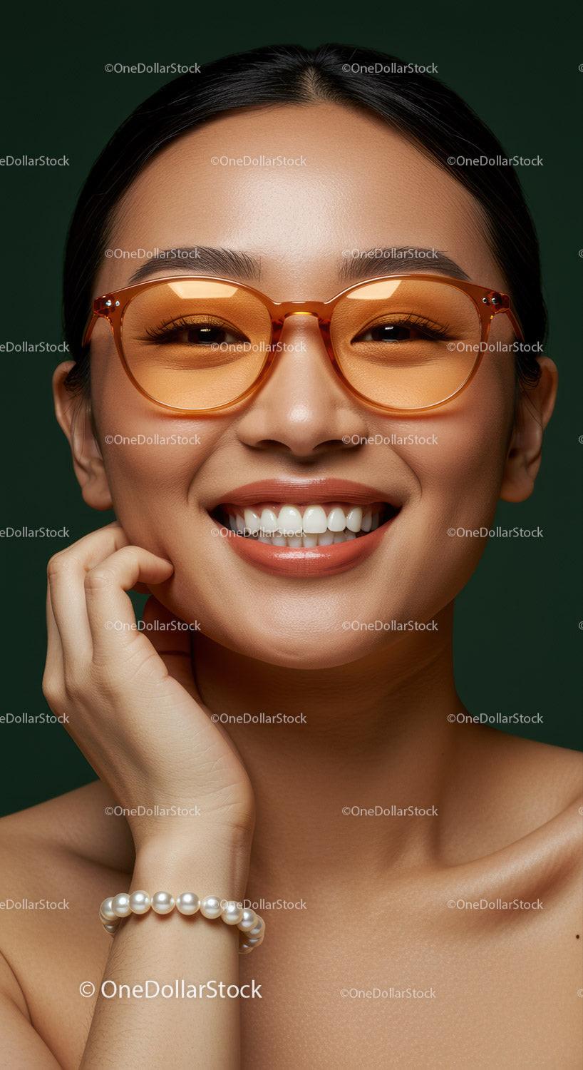 Smiling woman wearing stylish amber sunglasses and pearl bracelet