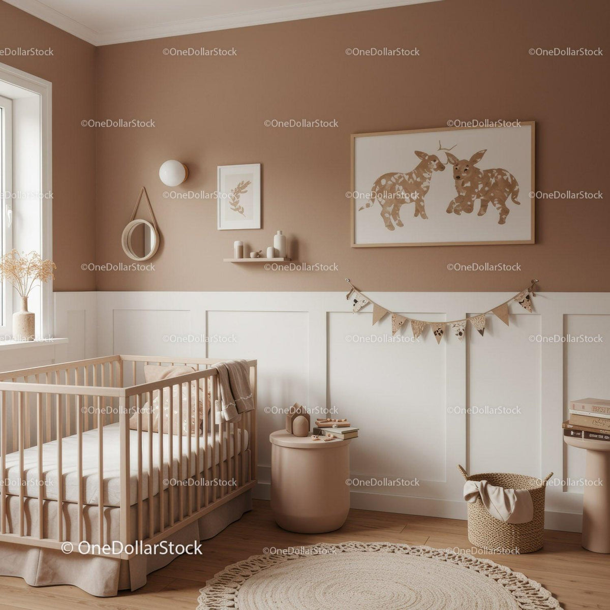 Children's Nursery with Neutral Wall Art and Cozy Wooden Furniture