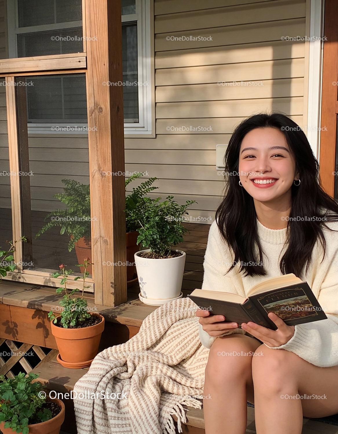 Smiling young woman enjoying her book outdoors