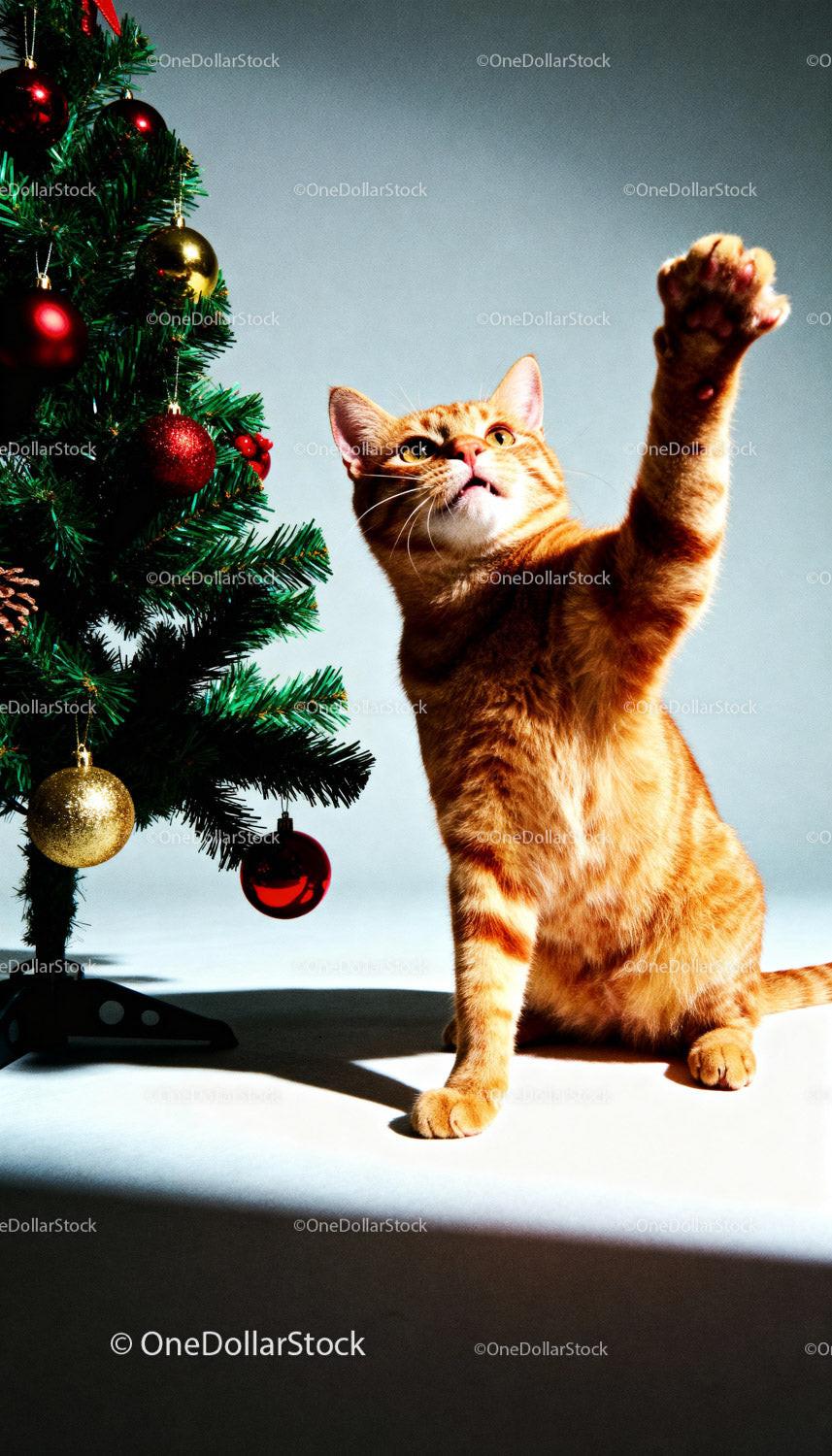Playful Orange Tabby Cat Reaching Near Christmas Tree