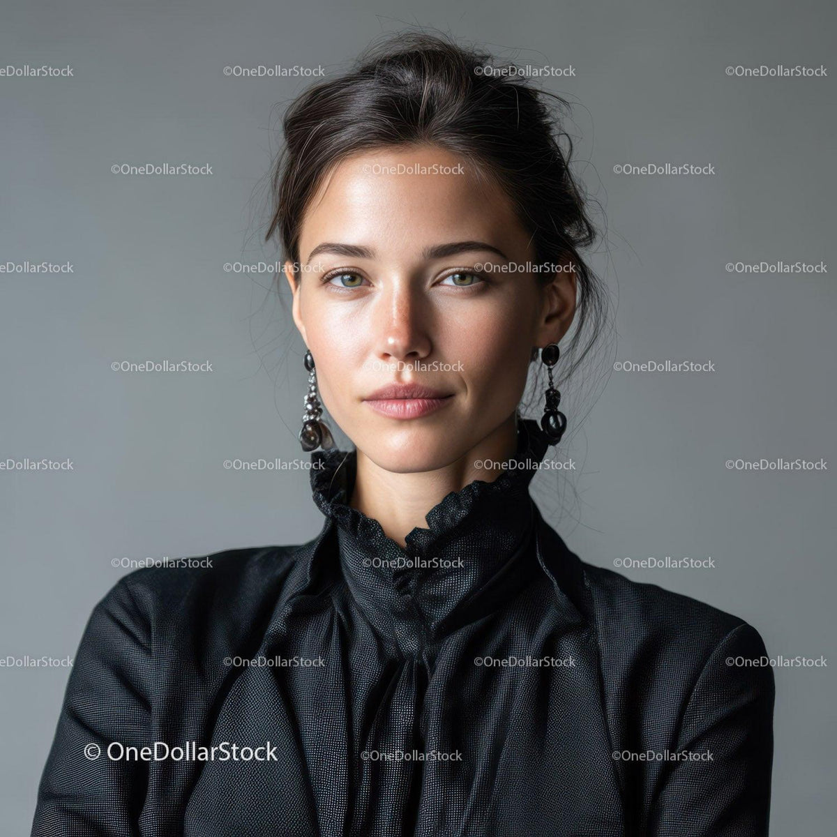 Elegant Woman Wearing Black Outfit and Earrings Portrait