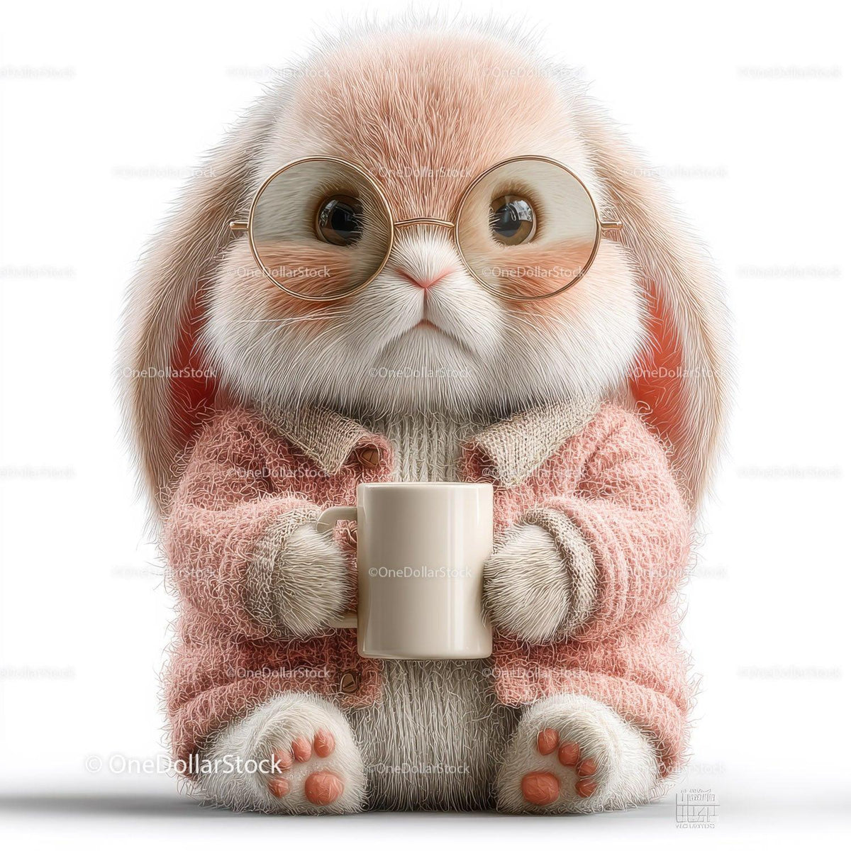Cute Bunny Wearing Sunglasses and Cozy Pink Sweater Holding Coffee Mug Stock Photo Bundle preview 6