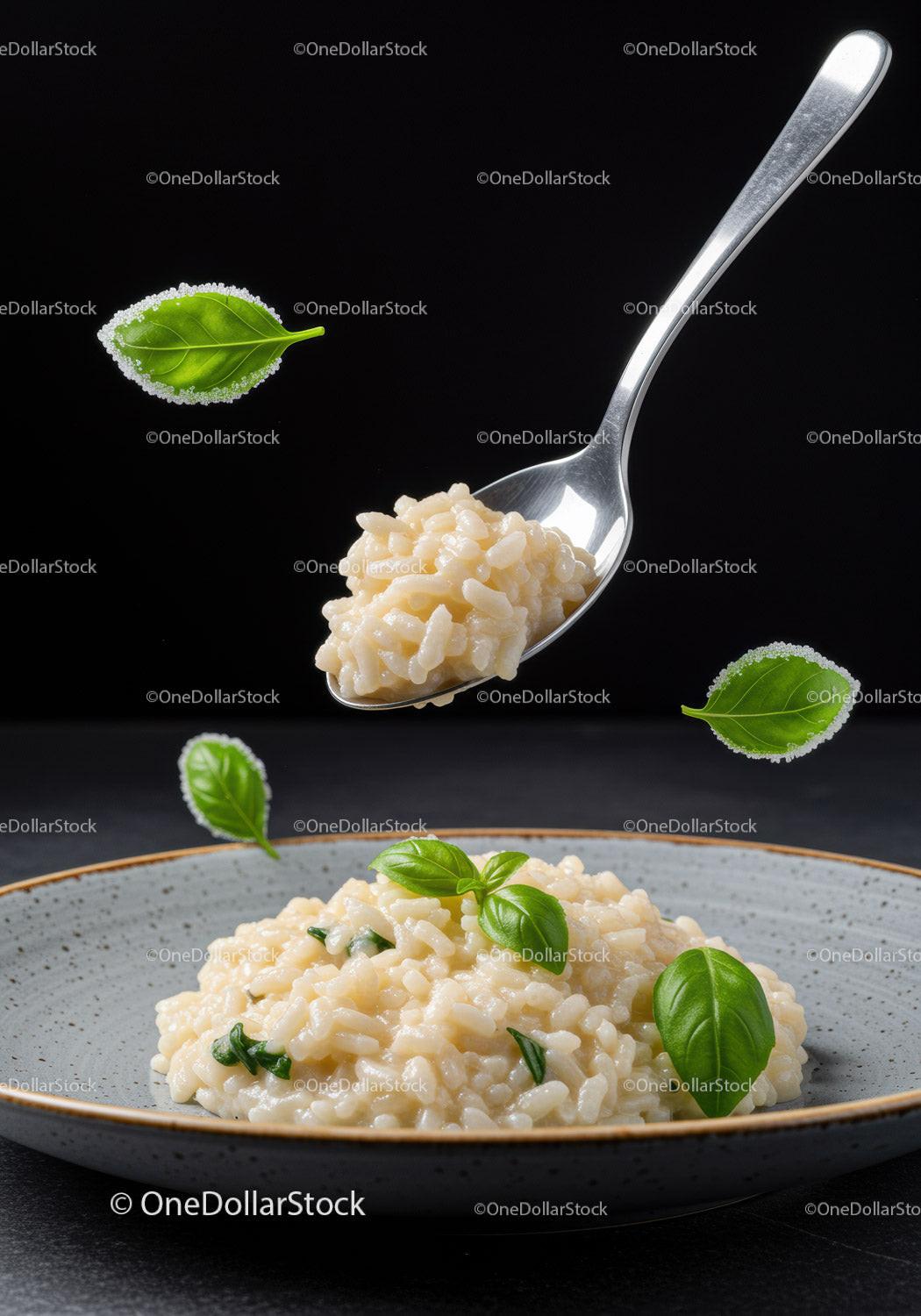 Creamy Risotto with Fresh Basil on Gray Plate