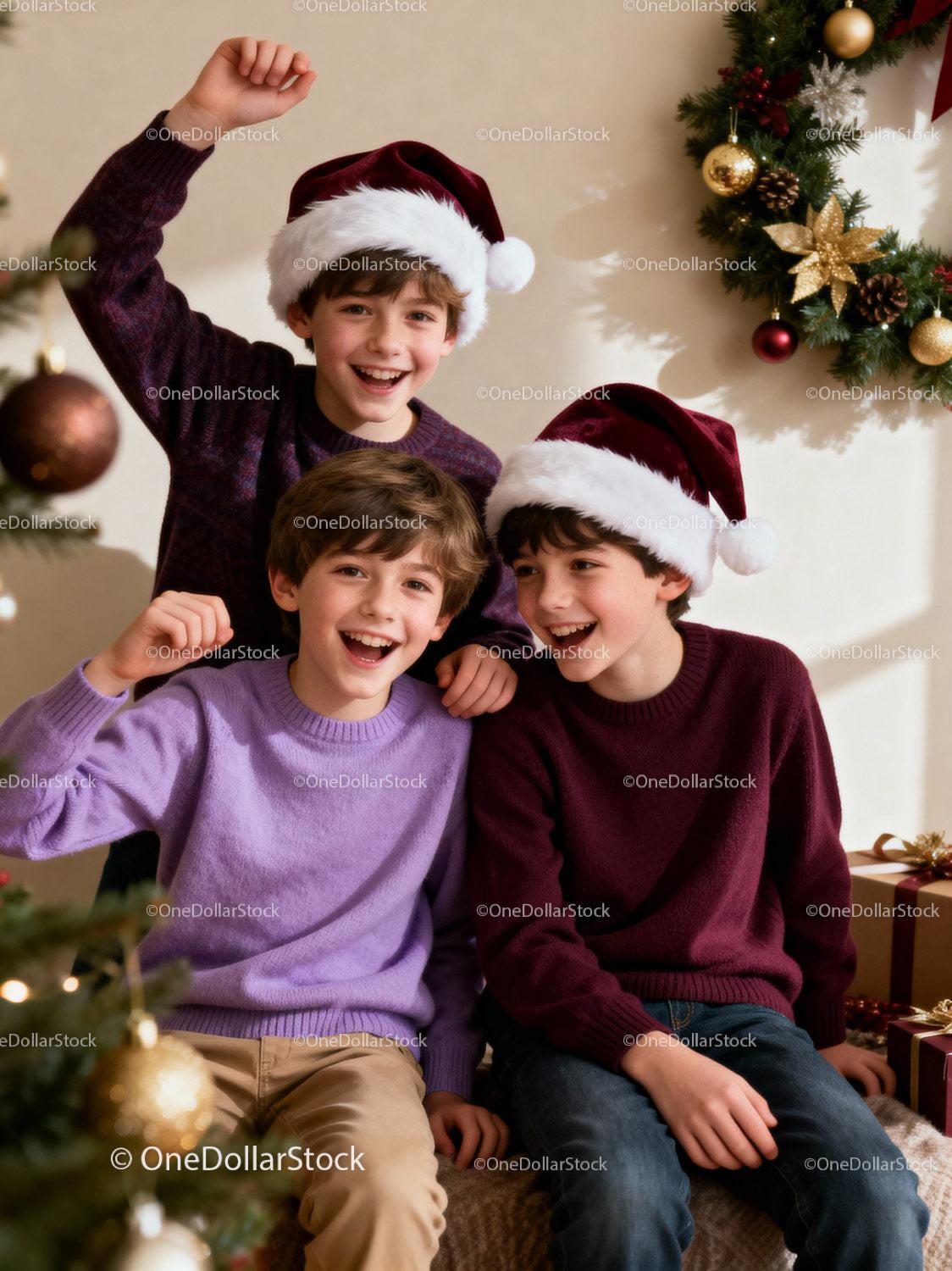 Happy boys celebrating Christmas in cozy home setting