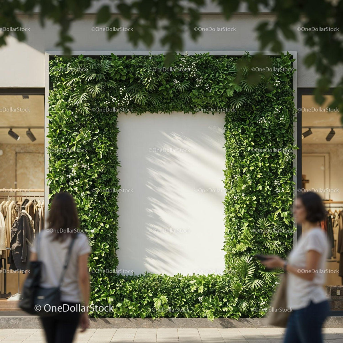 Urban storefront with lush green plant frame and pedestrians JPG Mockup Image preview