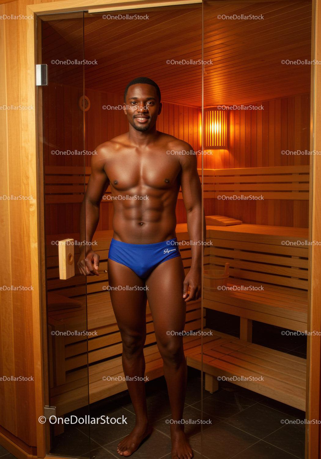 Man in Blue Swim Briefs Standing Inside Sauna Room for Wellness