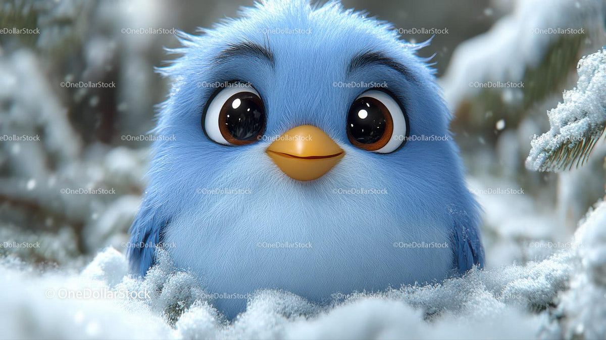 Fluffy small blue bird with big brown eyes and orange beak in snow