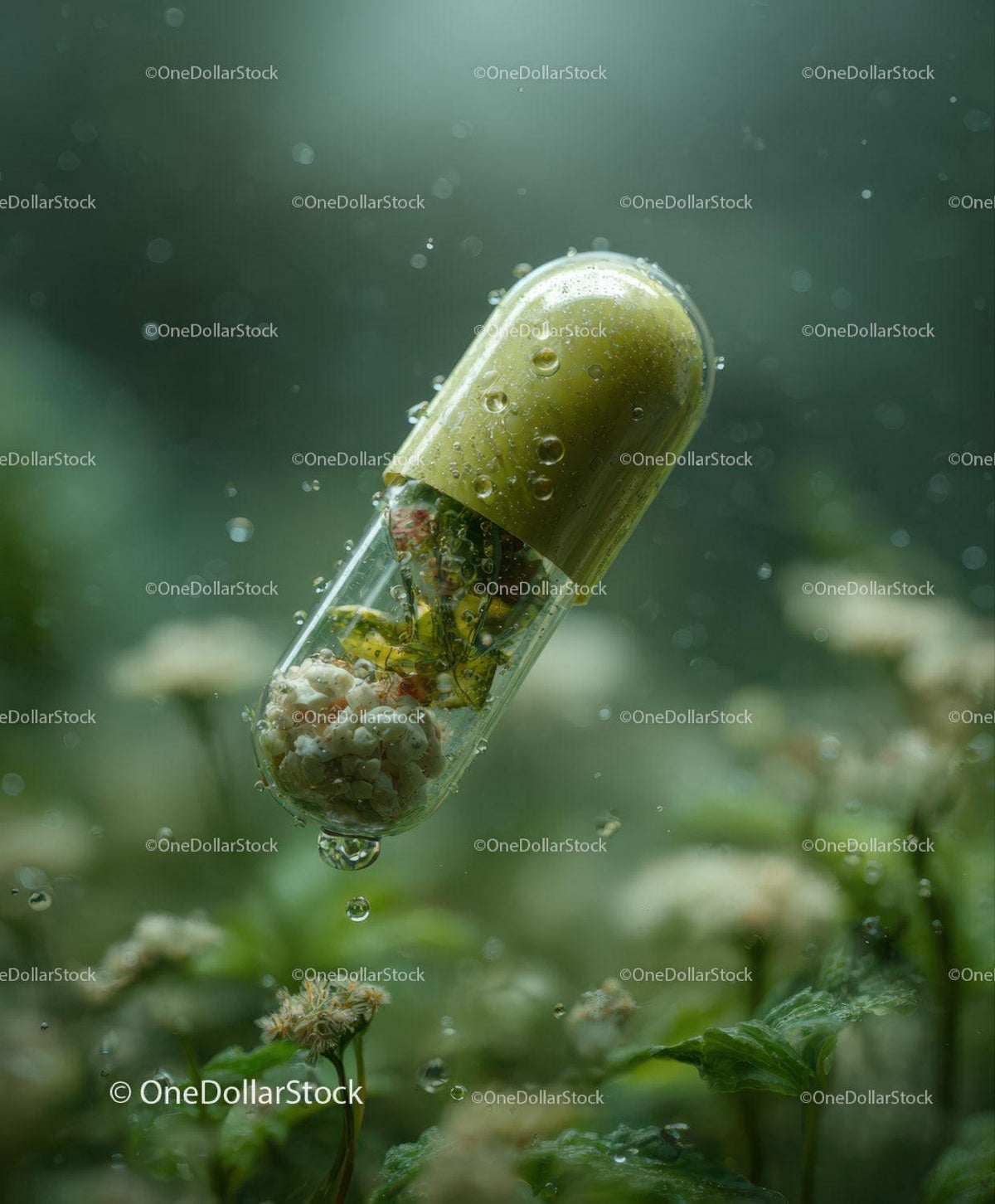 Transparent capsule with small plant and seeds submerged underwater with droplets and green blurred plants around