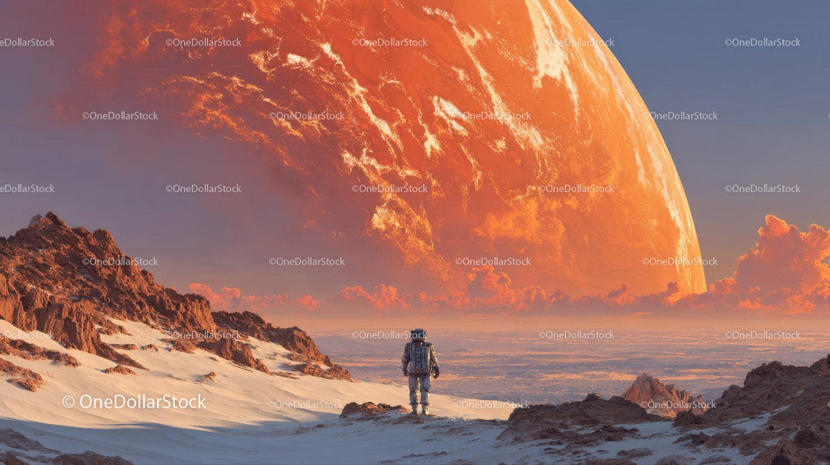 Astronaut Exploring a Surreal Alien Landscape with a Giant Orange Planet Stock Photo Bundle preview 12