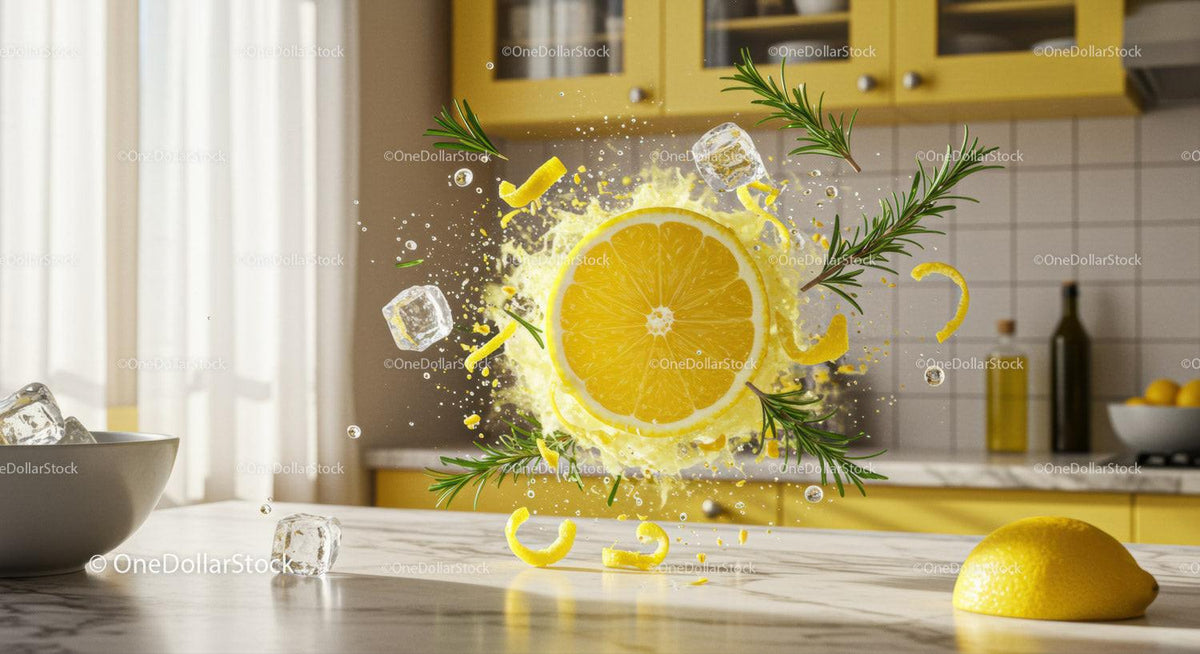 Fresh lemon slice with rosemary and ice in kitchen
