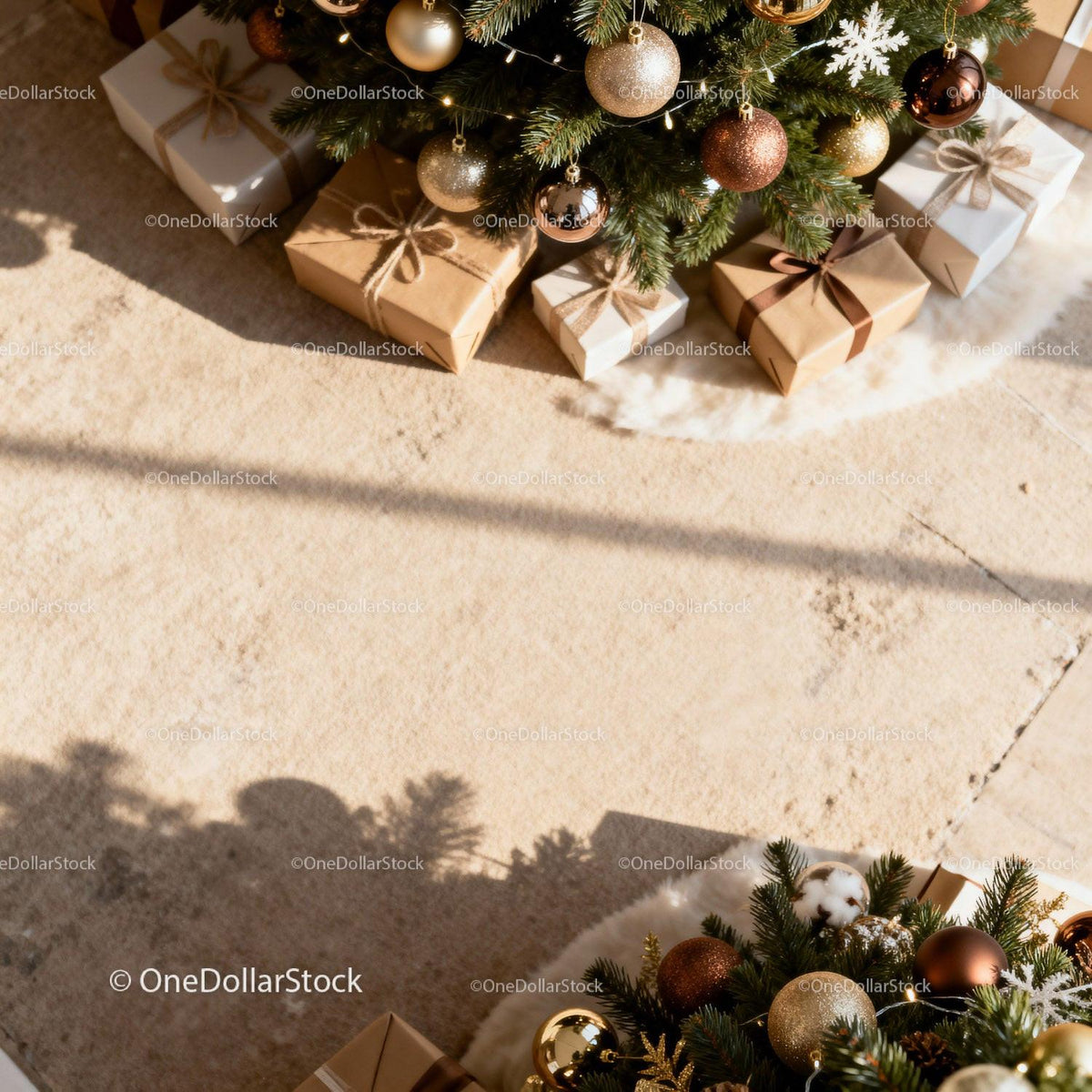 Cozy Christmas decorations with wrapped gifts under tree