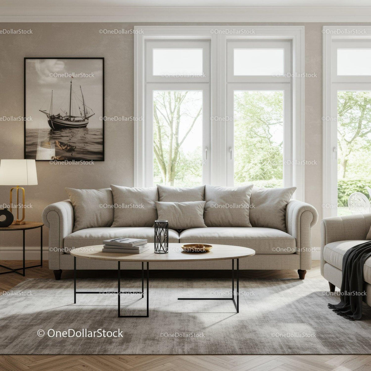 Bright Minimalist Living Room with Large Windows and Cozy Sofa