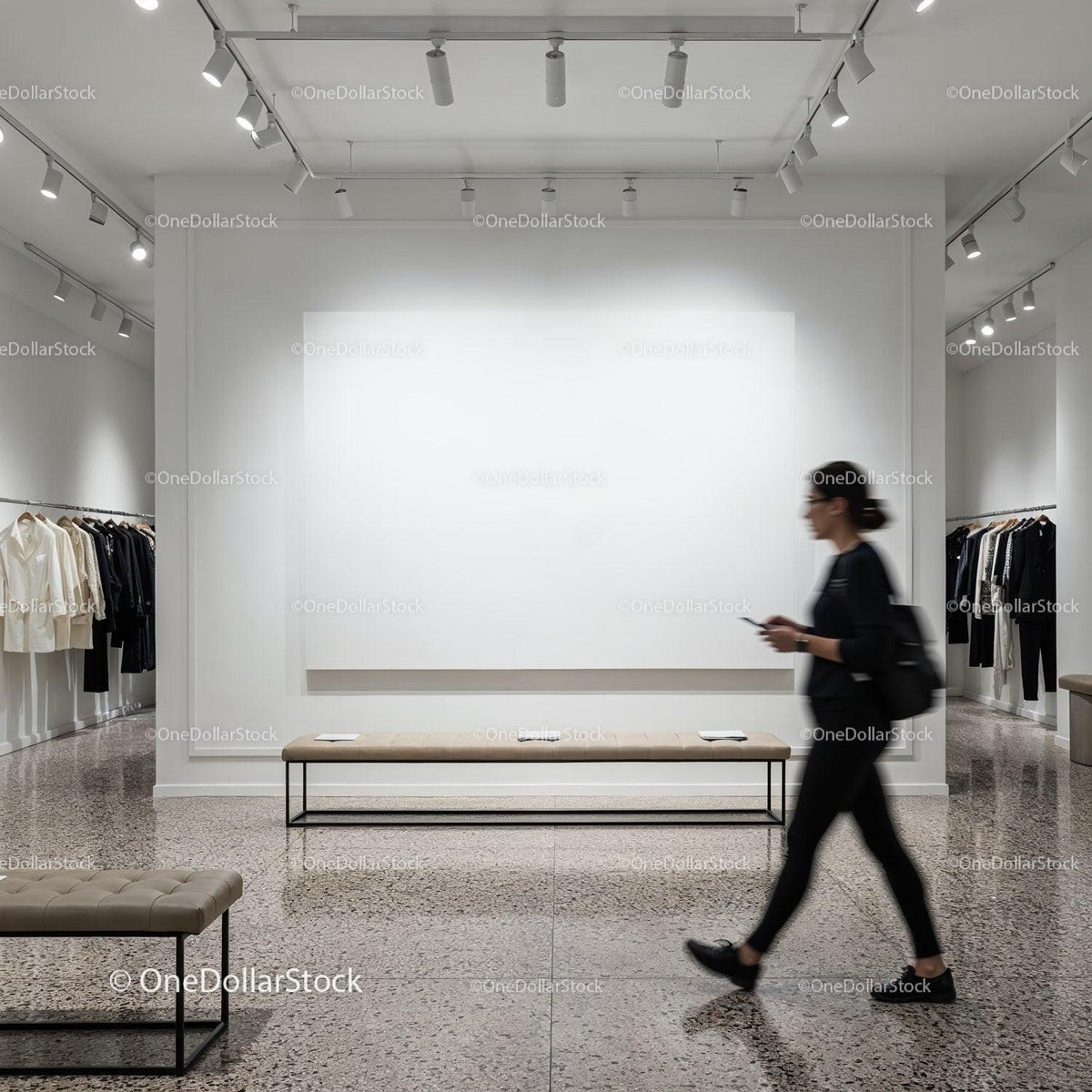 Modern boutique interior with woman walking past display JPG Mockup Image preview
