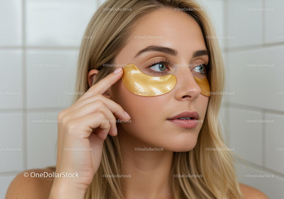 Woman with Gold Eye Mask Applying Skincare Under Her Eyes