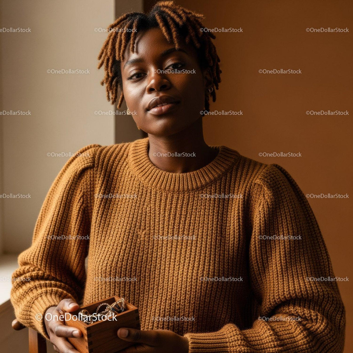 Stylish Woman with Short Dreadlocks in Cozy Brown Sweater in Indoor Scene