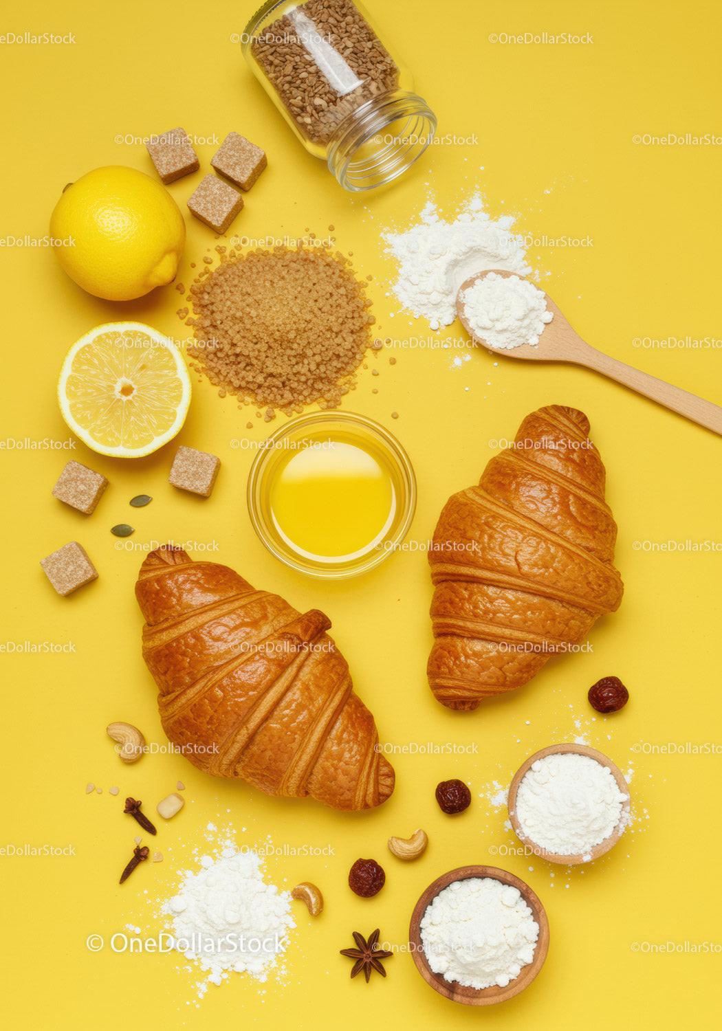 Fresh croissants with lemon and baking ingredients flat lay