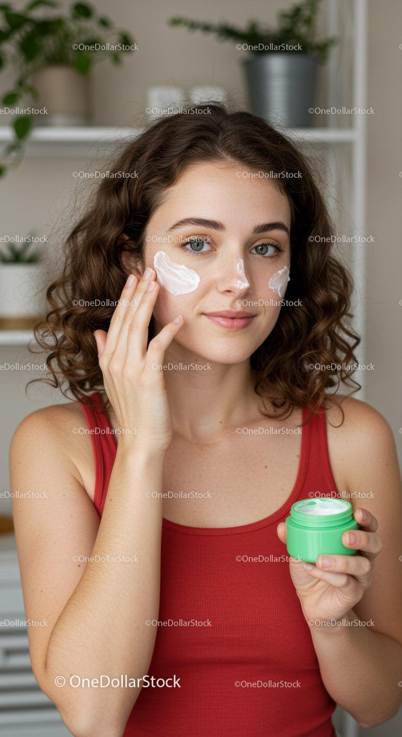Young Woman Applying Face Cream with Skincare Products in Modern Room
