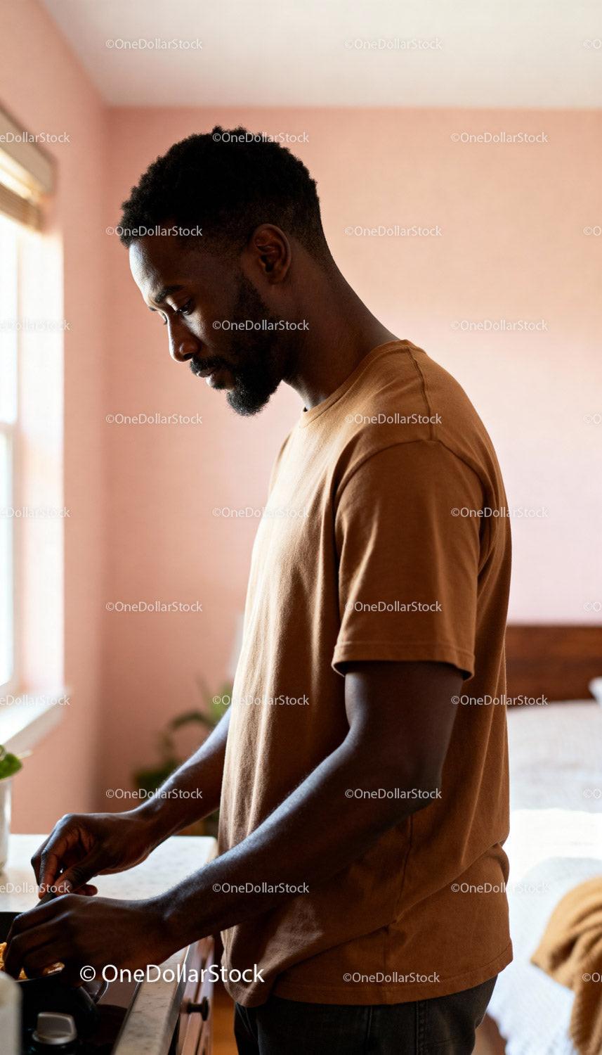 Man preparing breakfast in sunlit warm kitchen