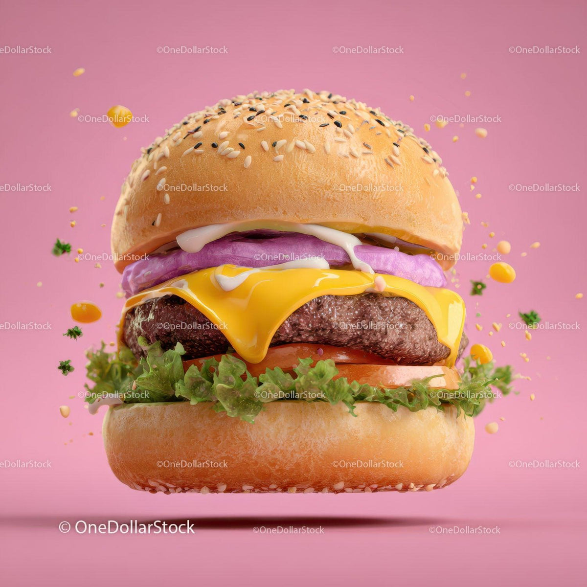 Juicy Cheeseburger with Melty Cheese and Fresh Vegetables on Pink Background Stock Photo Bundle preview 9
