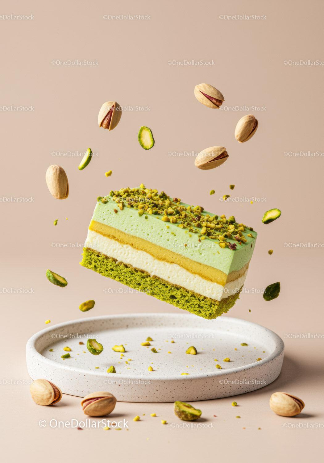 Layered pistachio mousse cake slice with nuts