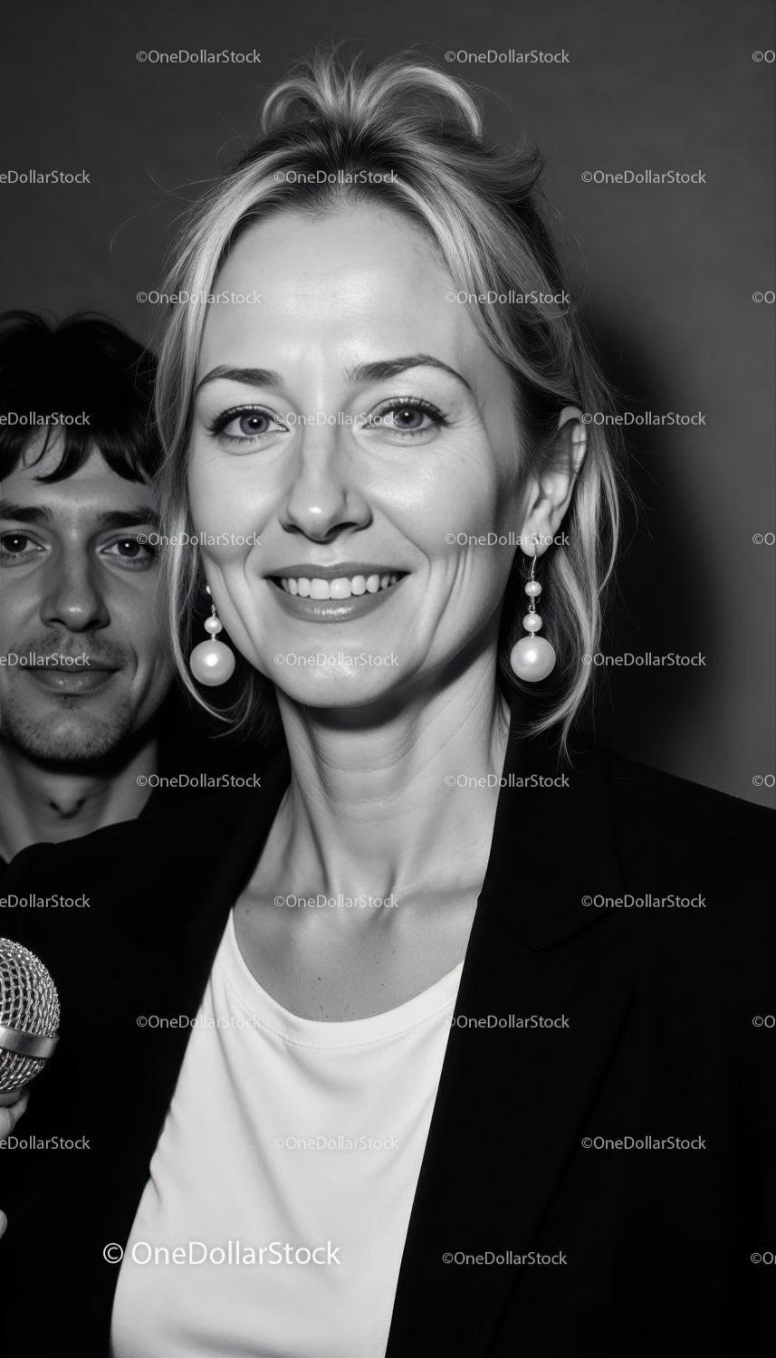 Confident Woman with Pearl Earrings Smiling in Black and White Portrait