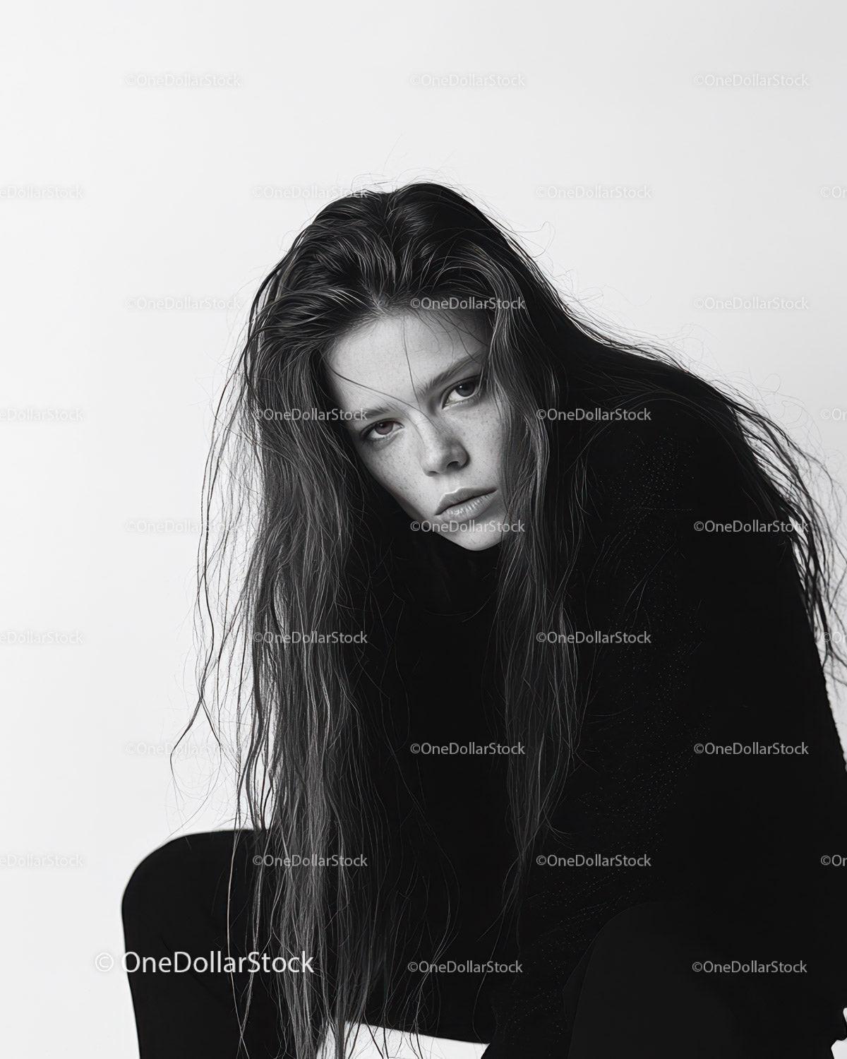 Moody Black and White Portrait of a Woman with Intense Expression