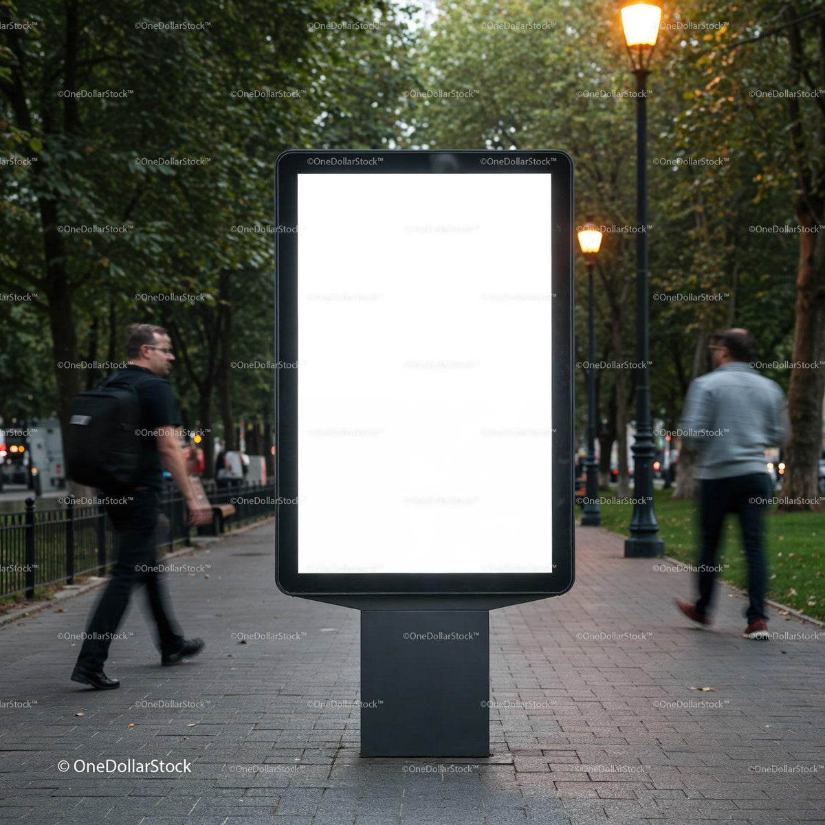Urban street lightbox display with pedestrians walking by JPG Mockup Image preview