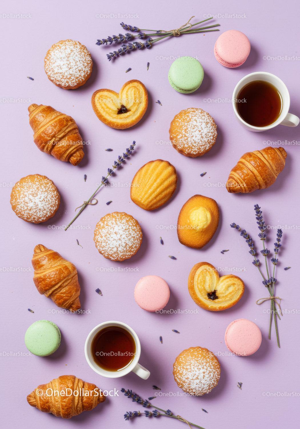Assorted French Pastries and Tea with Lavender on Lilac