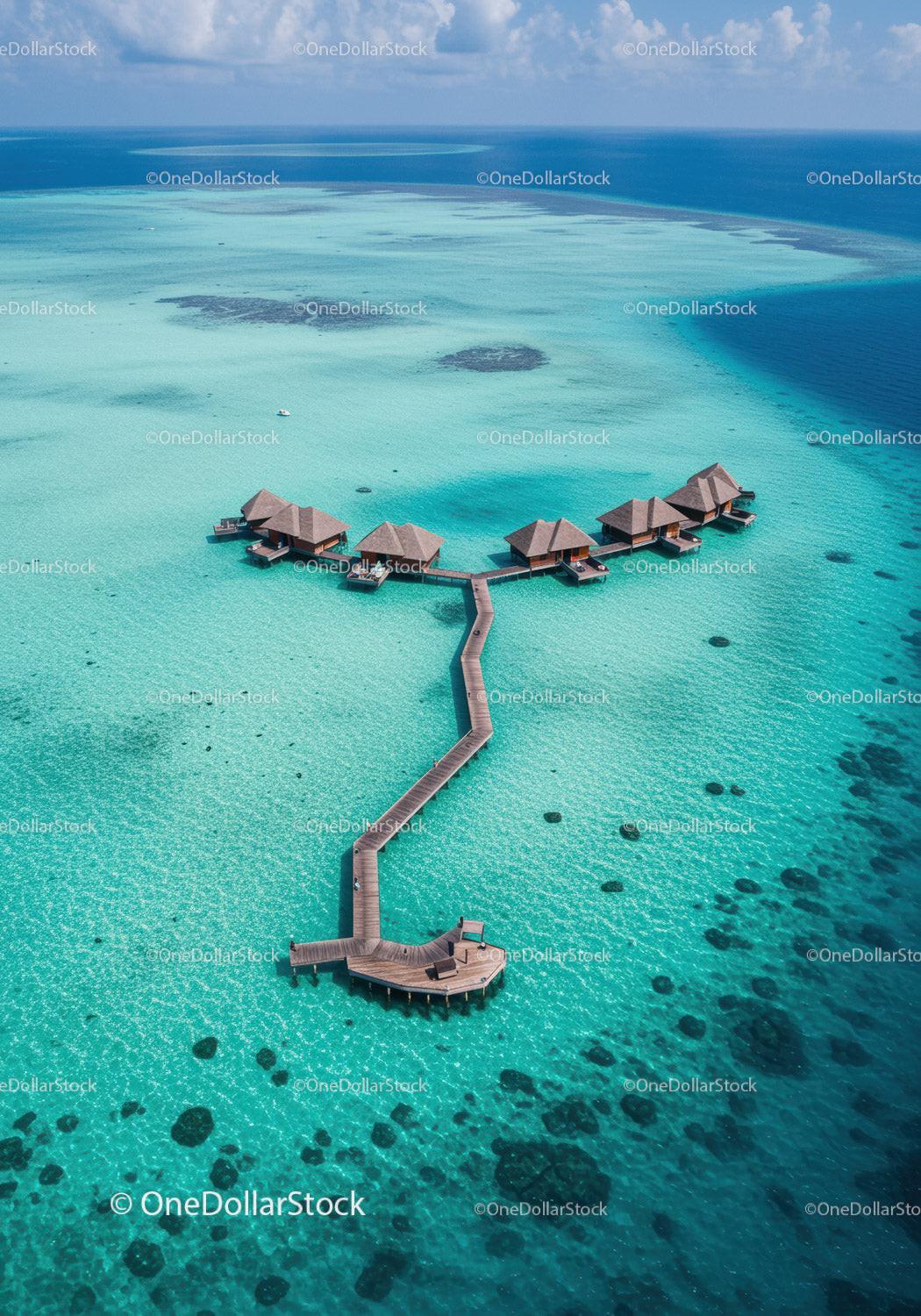 Overwater Bungalows on Turquoise Coral Lagoon with Wooden Pier