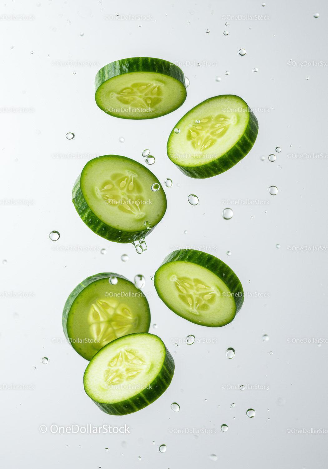 Fresh cucumber slices immersed in clear water droplets