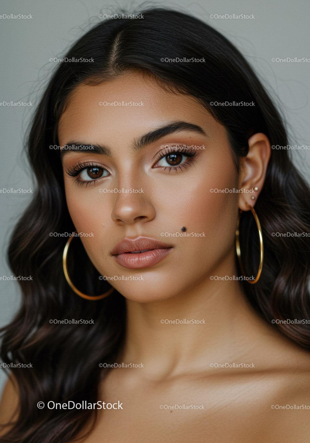 Portrait of a Young Woman with Brown Eyes and Gold Earrings