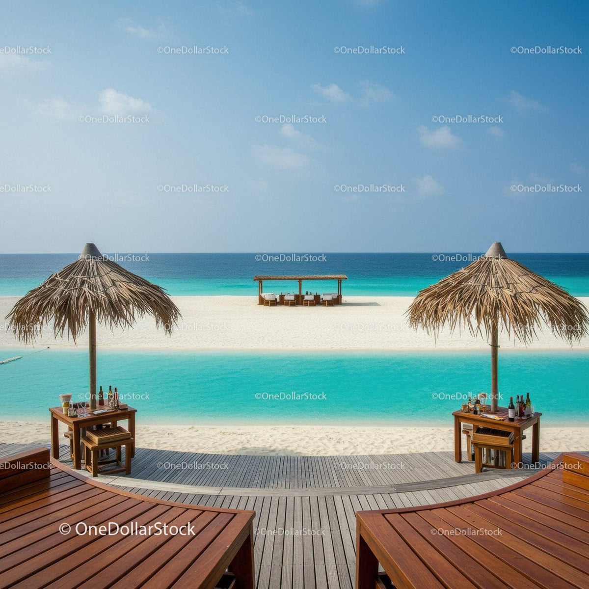 Tropical Beach with Palm Thatched Umbrellas and Lounge Chairs