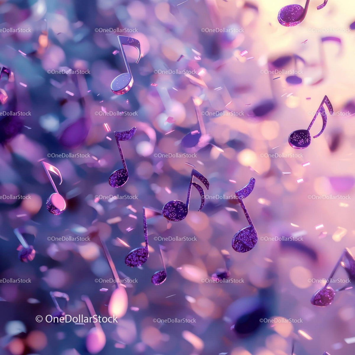 Purple glitter music notes floating with sparkling bokeh and soft light background