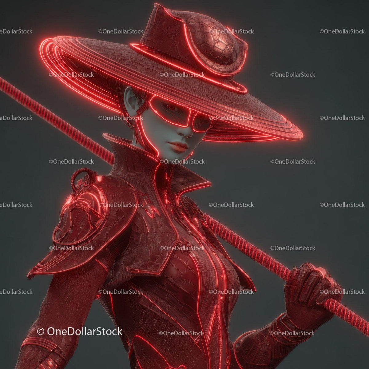 Futuristic Samurai in Neon Red Armor Holding Umbrella Stock Photo Bundle creative preview 4