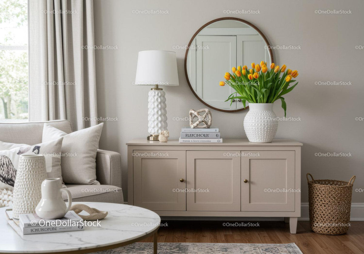 Elegant Living Room with Yellow Tulips and Modern Decor