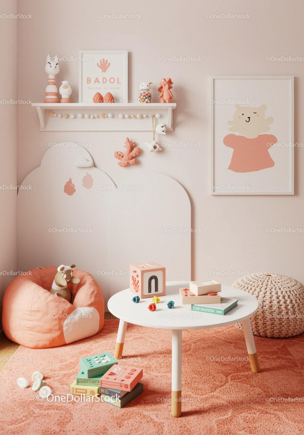 Cute Pink and White Kids Room with Plush Toys and Wall Art