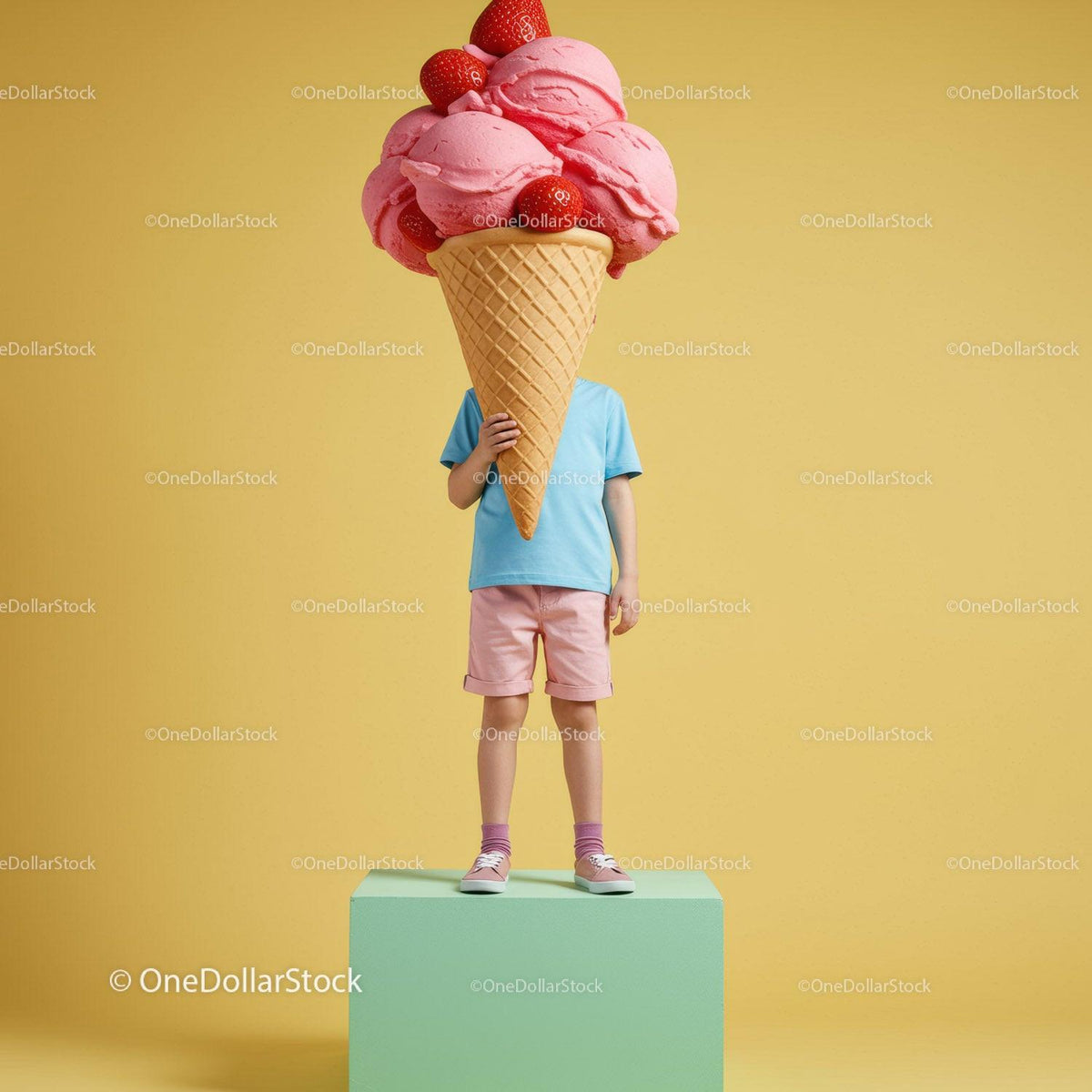 Child holding oversized strawberry ice cream cone prop