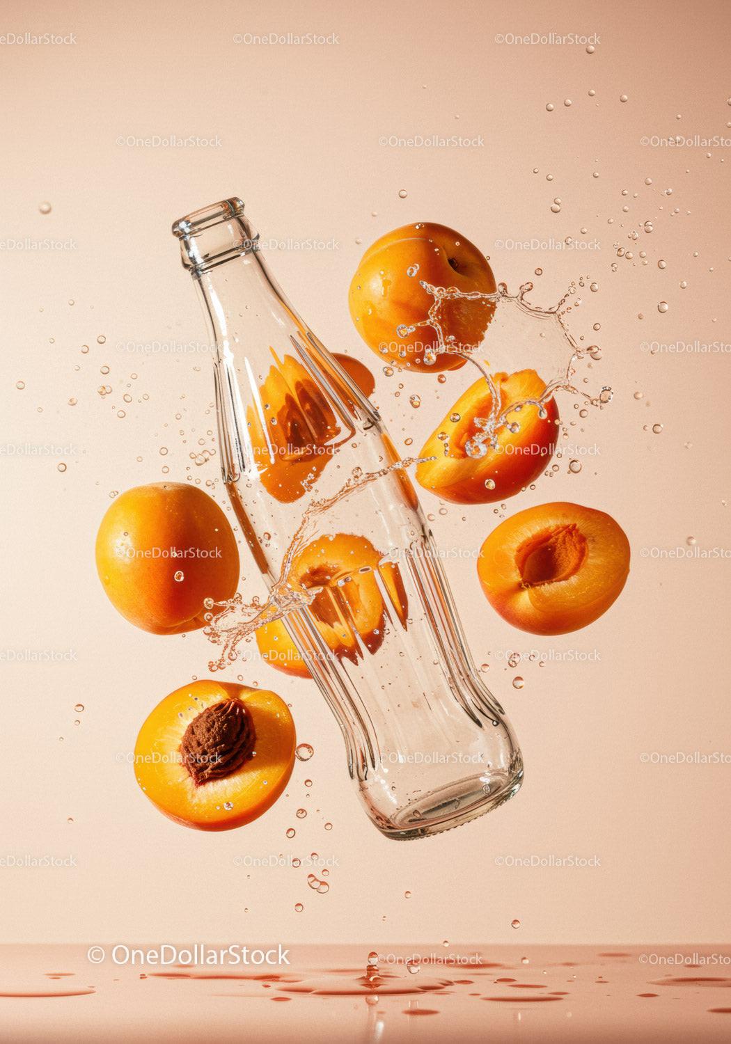 Fresh apricots splashing around glass bottle