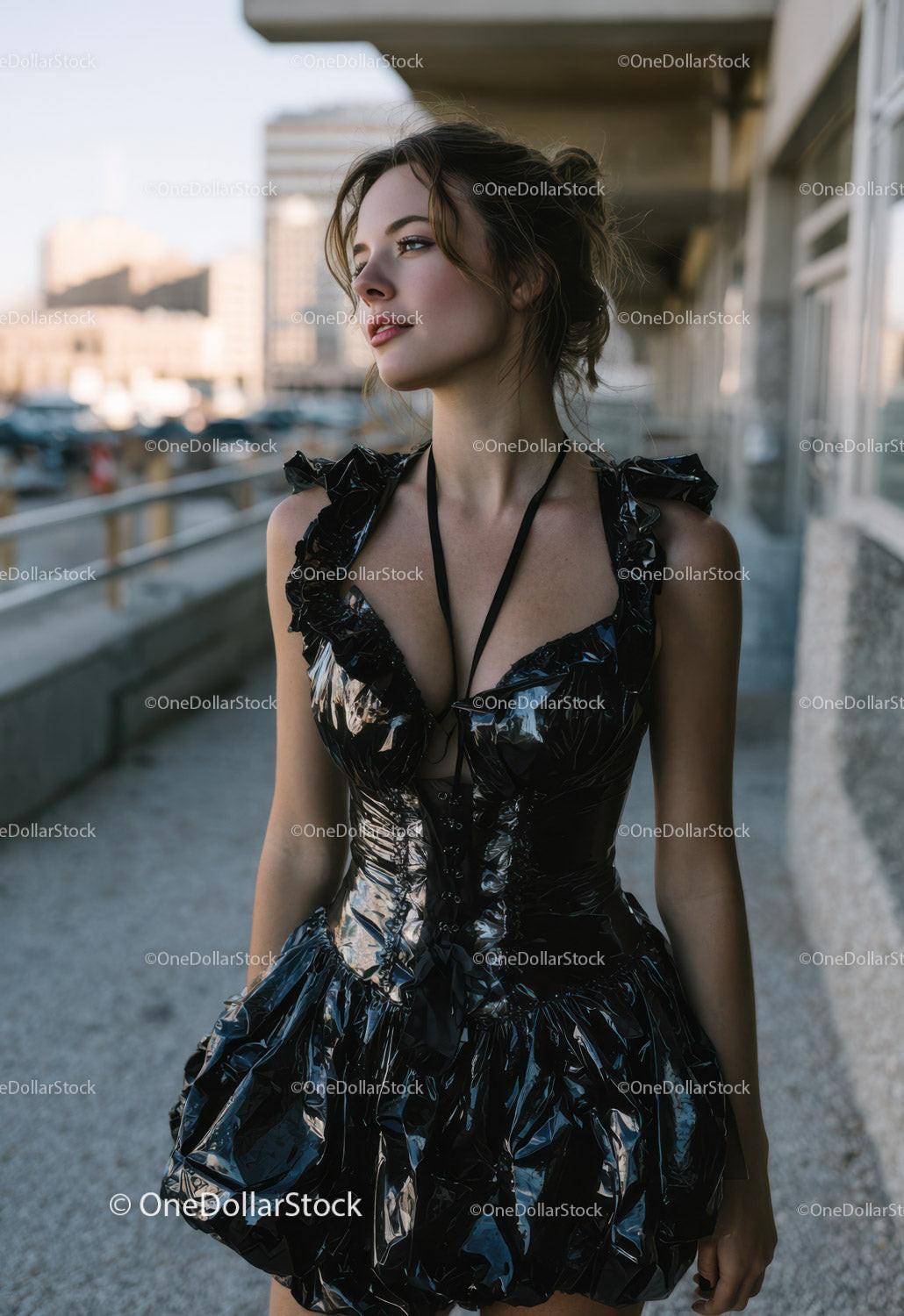 Stylish Woman in Black Ruffled Dress Against City Cityscape