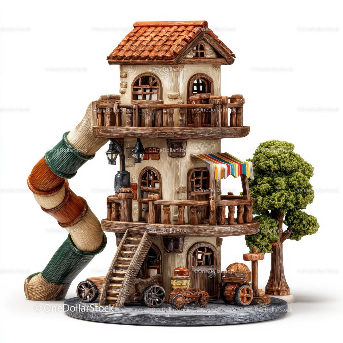 Miniature wooden two-story treehouse with balconies, slide, colorful canopy and tree