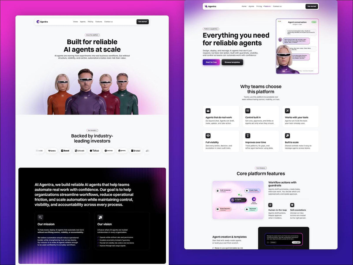 Agentra Framer template website sections preview