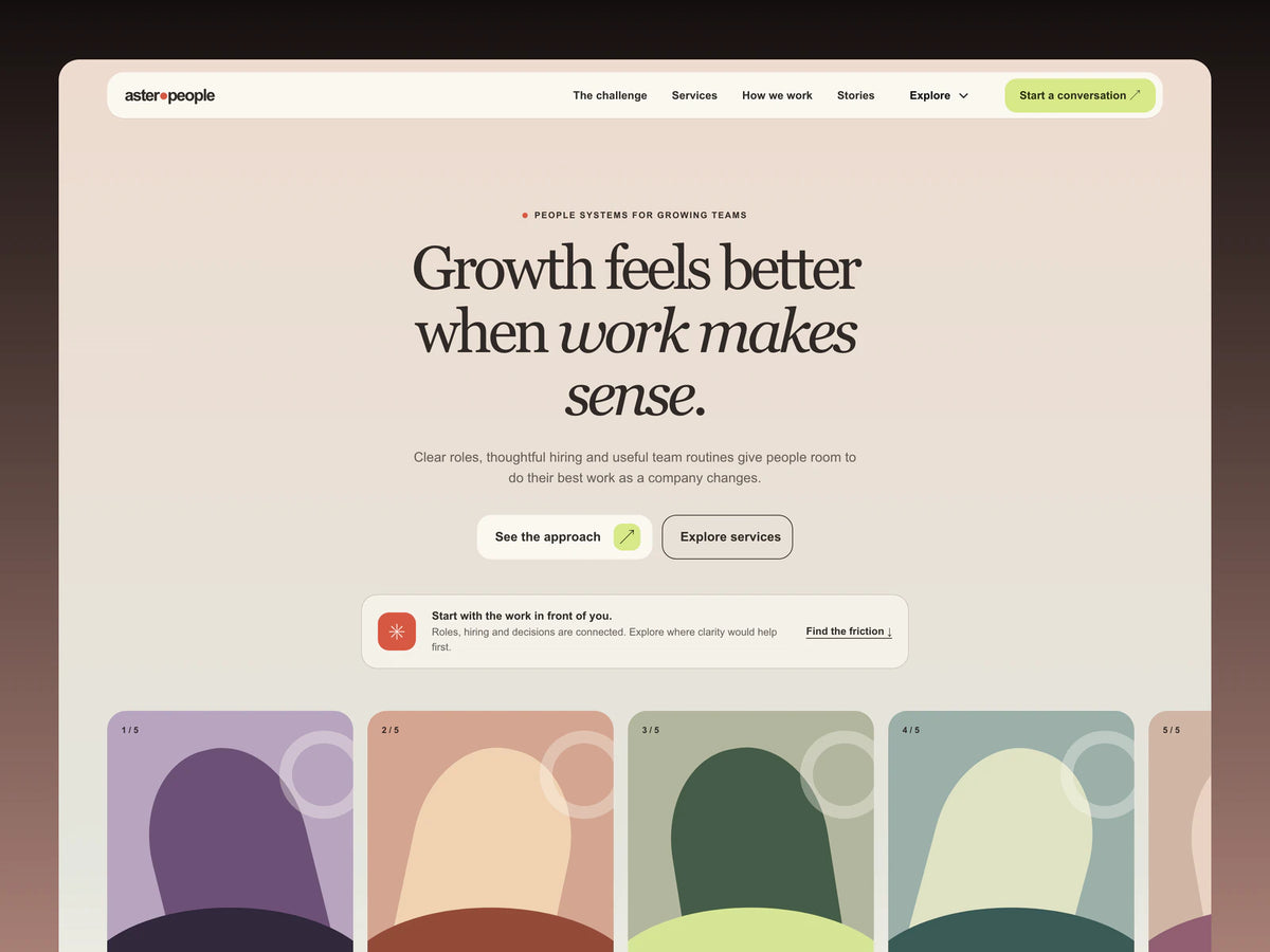 Aster People Studio template hero with a large editorial headline and five illustrated portrait panels