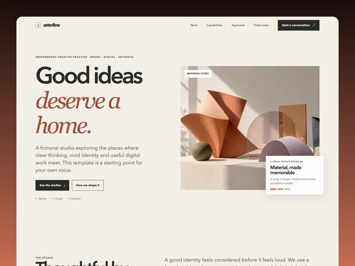 Asterline Studio’s warm editorial hero with a large typographic headline, terracotta still-life artwork and project note on an ivory background.