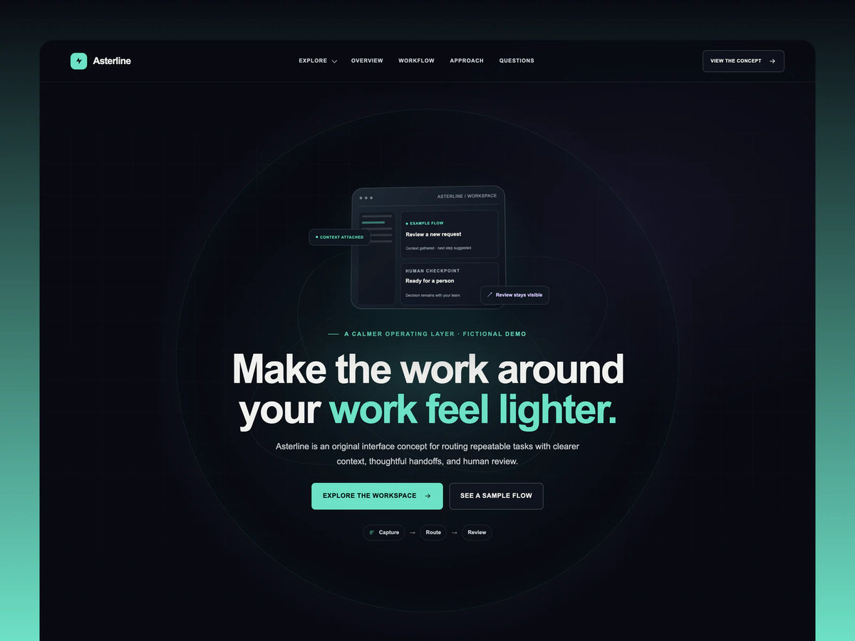 Asterline website template preview with a dark interface, mint details, and workflow diagrams