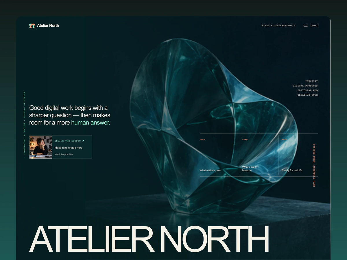 Atelier North website template preview — editorial forest green studio website